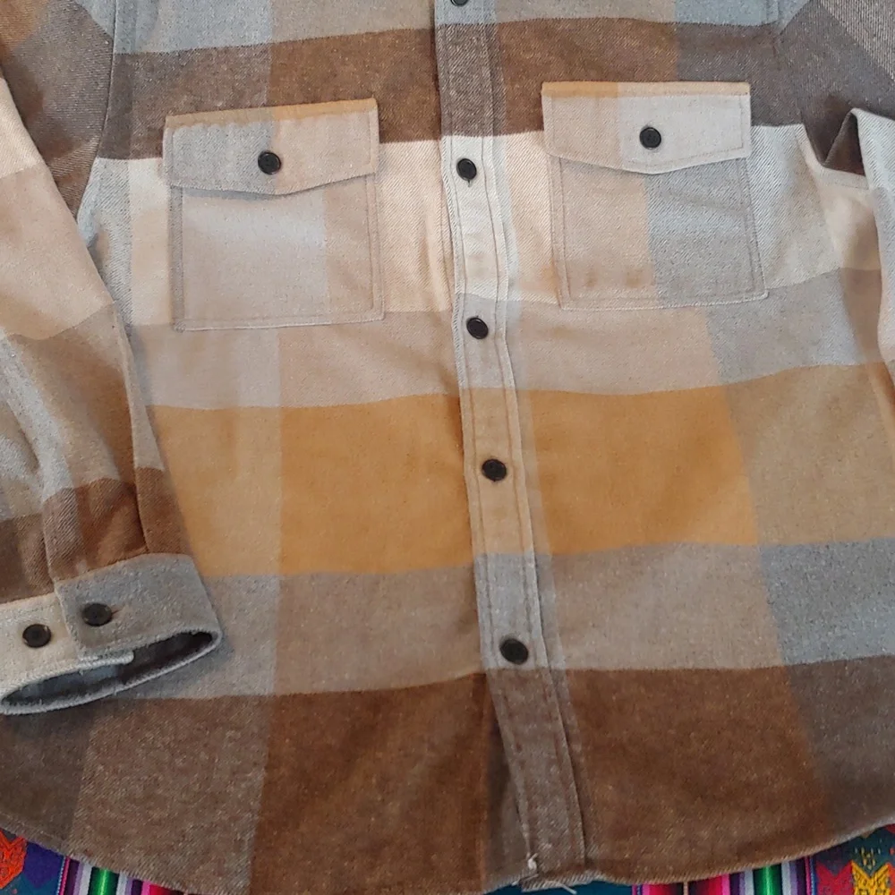 Men's Plaid Polyester Blend Button Shirt Brown, Tan, XL - Picture 12 of 15